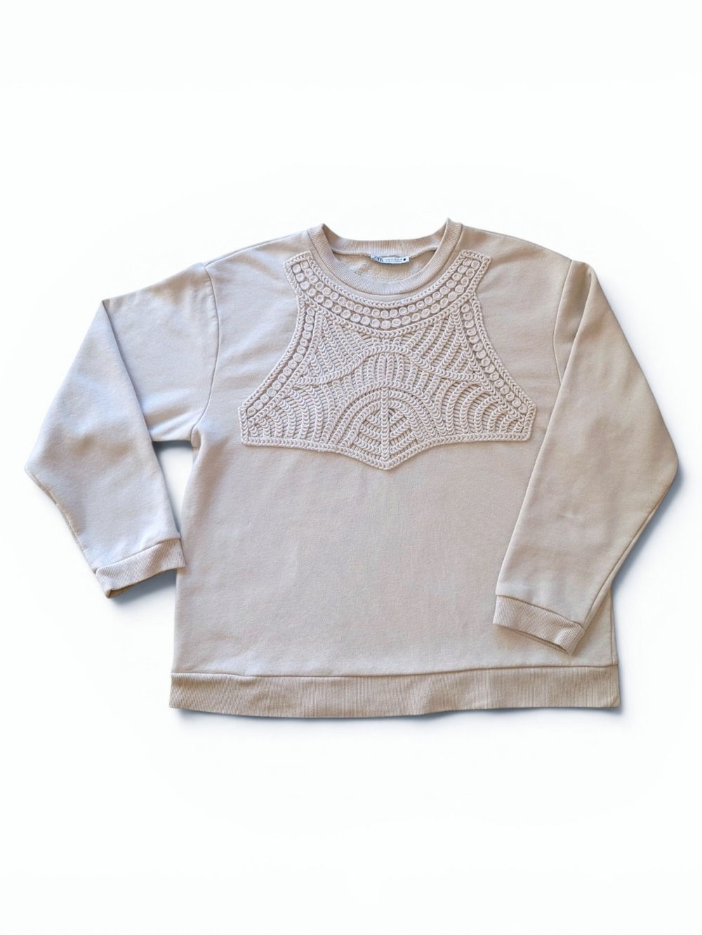 ZARA Beige Crochet Macrame Yoke Sweatshirt Medium Boho Cottagecore Pullover